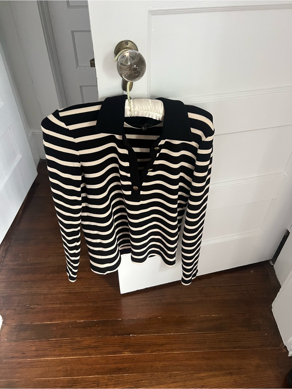 Massimo Dutti Black and Cream Striped Long-Sleeve Polo Sweater